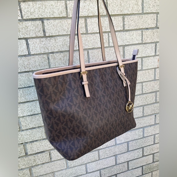 Michael Kors Jet Set Charm Zipper Closure Tote Bag Brown Purse Cream Leather - Picture 14 of 17